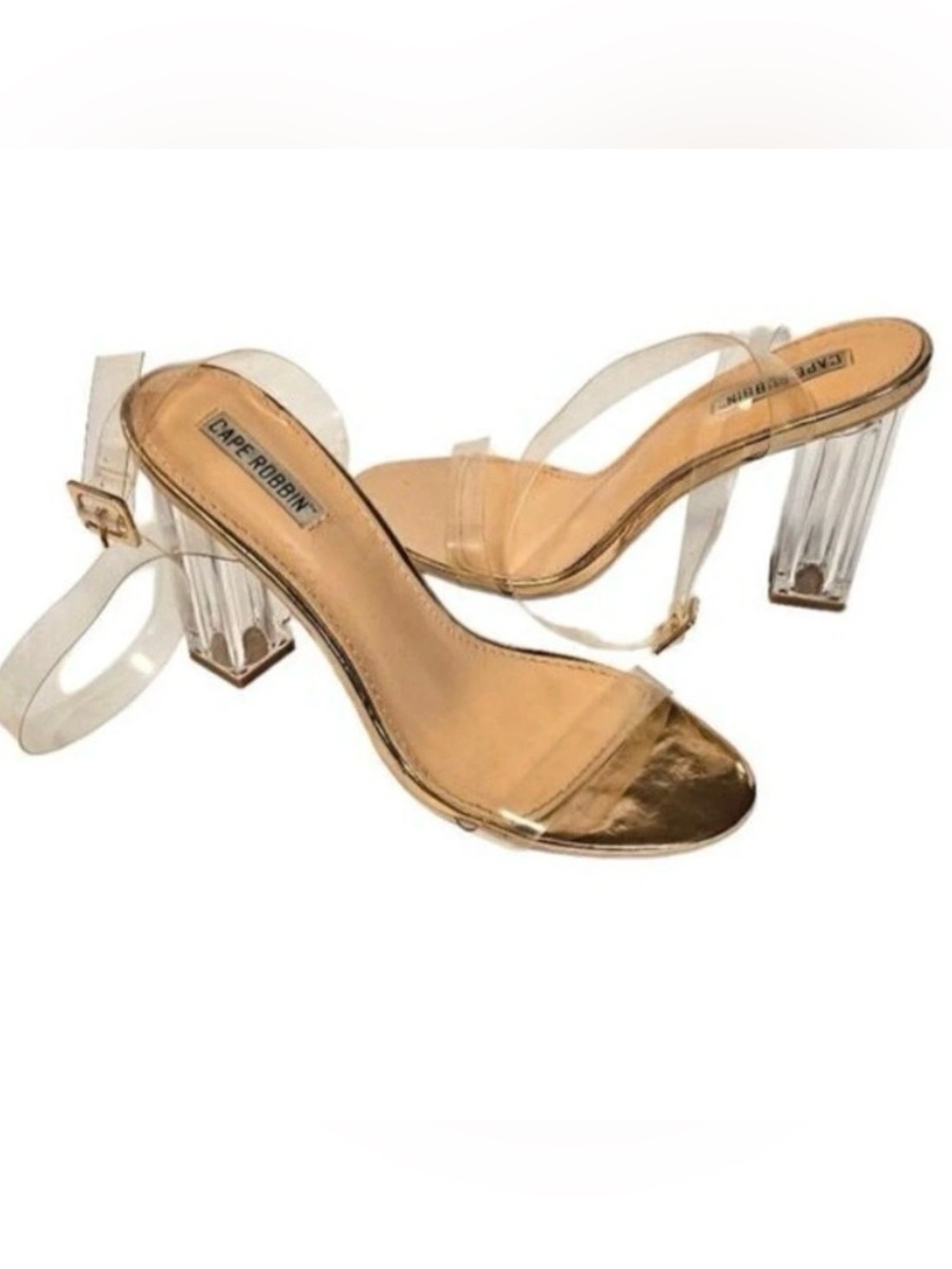 Cape Robbin Clear Strap Sandals with Gold Toe Accent and Lucite Heel